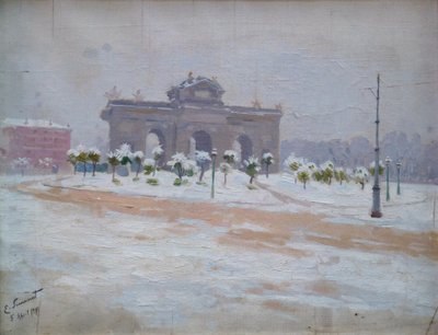 Besneeuwde Puerta de Alcala door Enrique Simonet